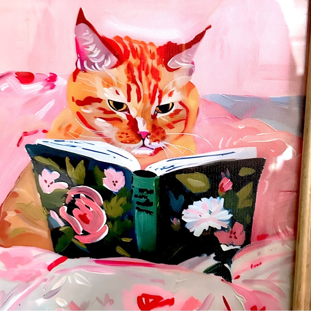 Orange Cat Book Worm Fluffy Flower Blanket Floral Framed Canvas Print Wall Art - Picture 4 of 8